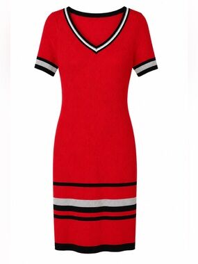 Red Rib Knit Sweater Dress | Sporty Chic V-Neck Bodycon Midi | Fits M/L